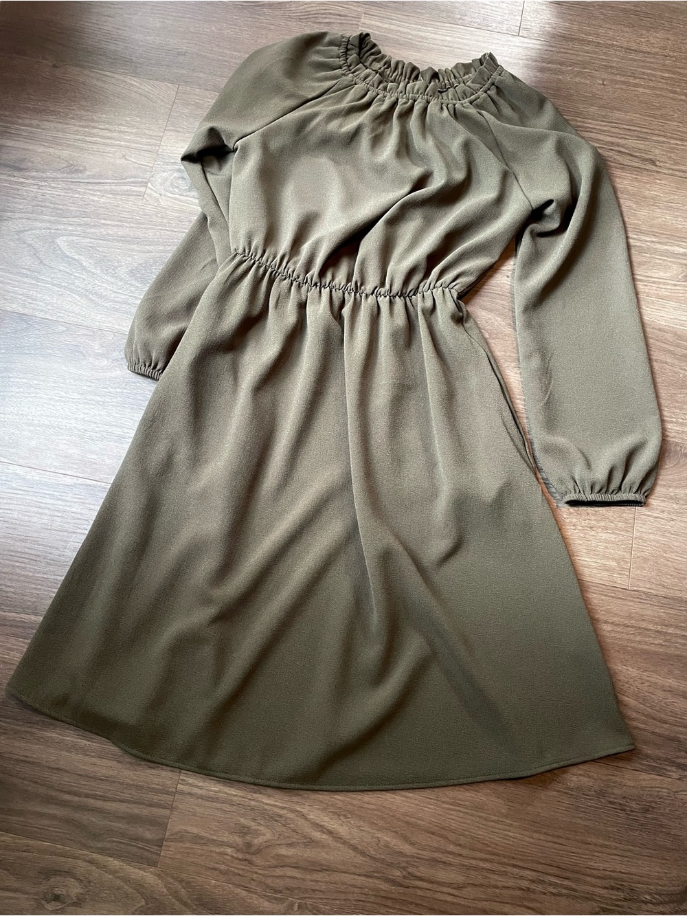Dark Olive Green Long Sleeve Elastic Waist Dress